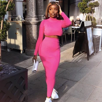 

2 Piece Outfits for Women Set Autumn Elegant Dress Vintage Crop Top and Skirt Set Fashion Long Sleeve T Shirt Maxi Skirt Clothes