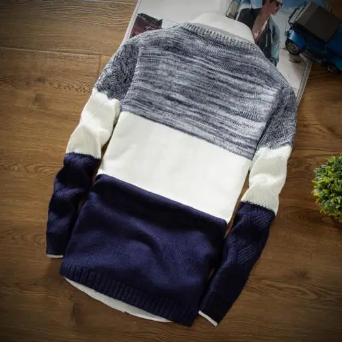 Pull homme hiver мужской осенний вязаный пуловер с круглым вырезом и длинным рукавом в стиле пэчворк - Цвет: Тёмно-синий