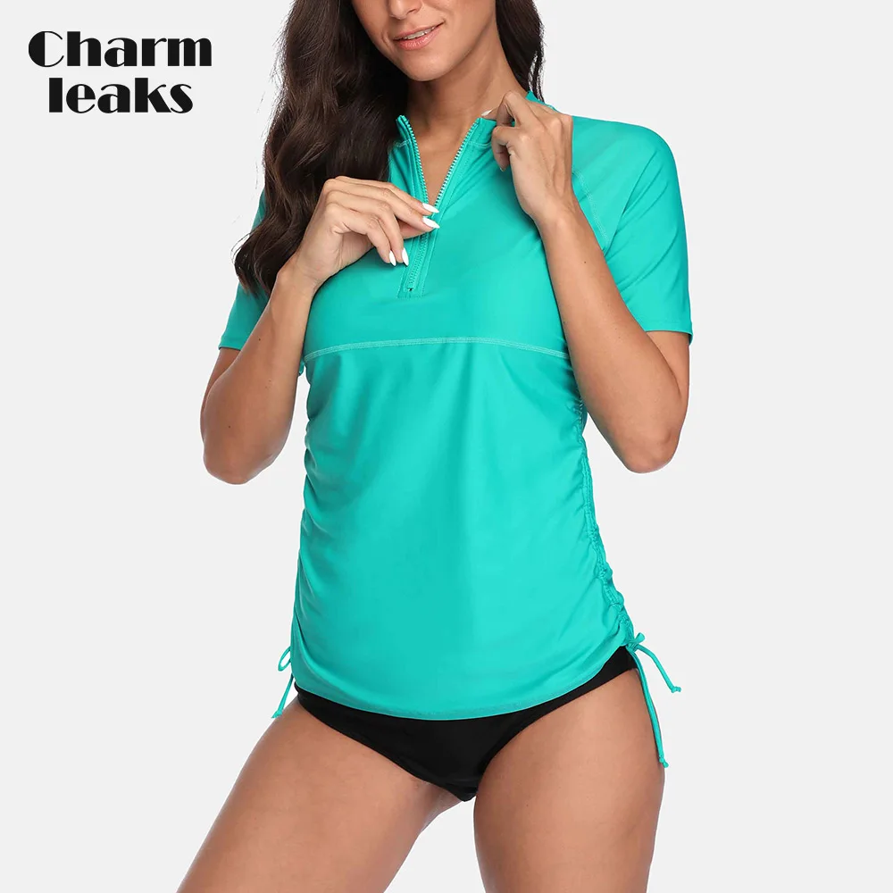 Charmleaks Women Short Sleeve Rash Guard Shirts Zip Front Swimwear Rashguard Top Side Bandaged Surf Top Diving Shirt UPF 50+ rash guard surfing swimsuit