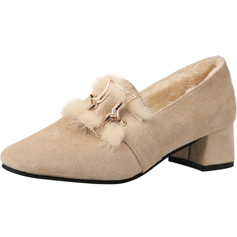 

2020 New Spring Women Shoes Woman Warm Plush Rivet Metal Buckle Casual Shoes Female Slip On Square Toe High Heels Ladies Pumps