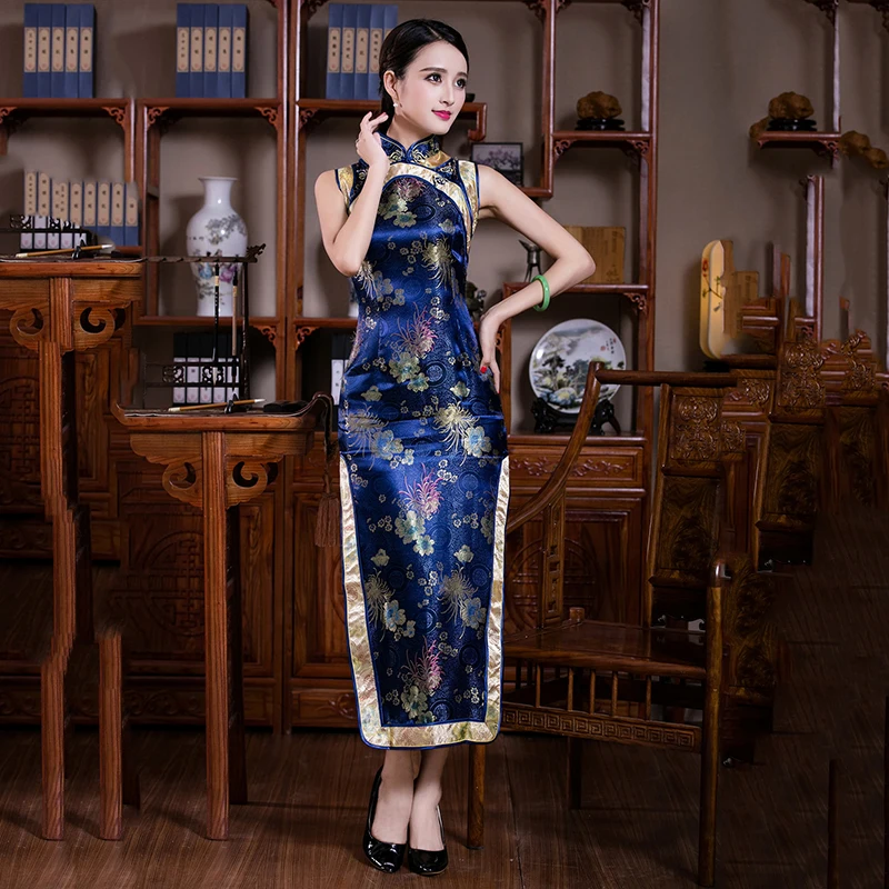 Новинка, цветочный принт, Женский Qipao, изящный, темно-синий, Cheongsam, винтажный воротник-стойка, Vestidos, классическое тонкое длинное китайское платье