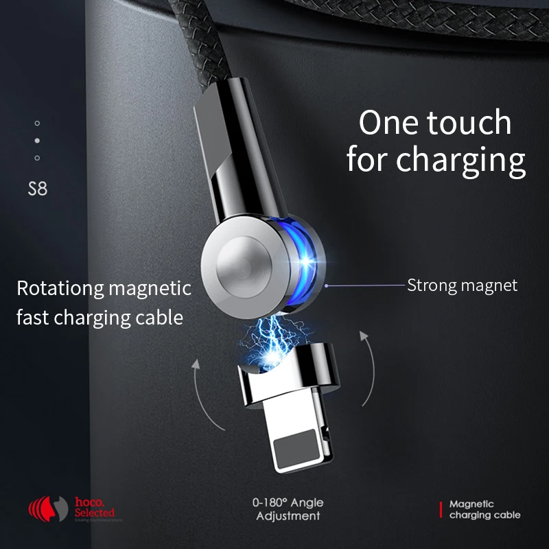 HOCO Магнитный кабель с поворотом на 180 градусов, 3 А, кабель для быстрой зарядки Micro usb type-C, светодиодный кабель для iPhone 11Pro, samsung, Xiaomi, huawei