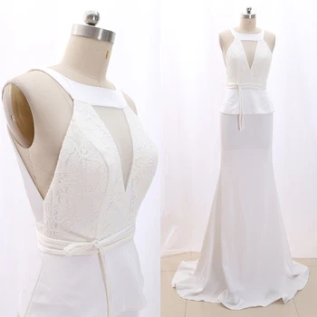 

MACloth White Sweep Train Halter Floor-Length Long Satin Prom Dresses Dress S 268866 Clearance