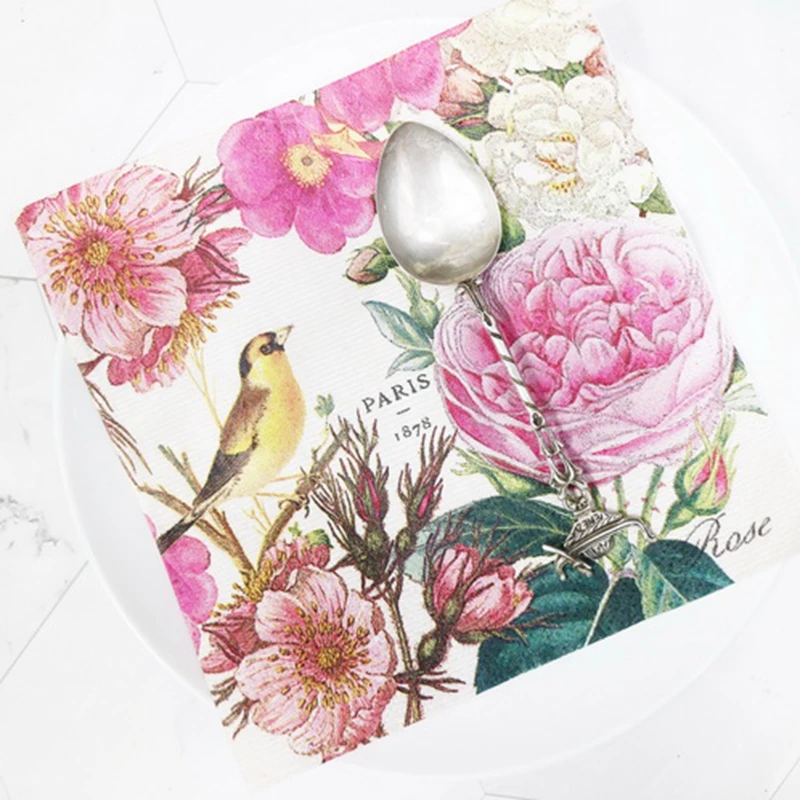 20 шт винтажные Парижские бумажные салфетки для декупажа розовый цветок с птицей