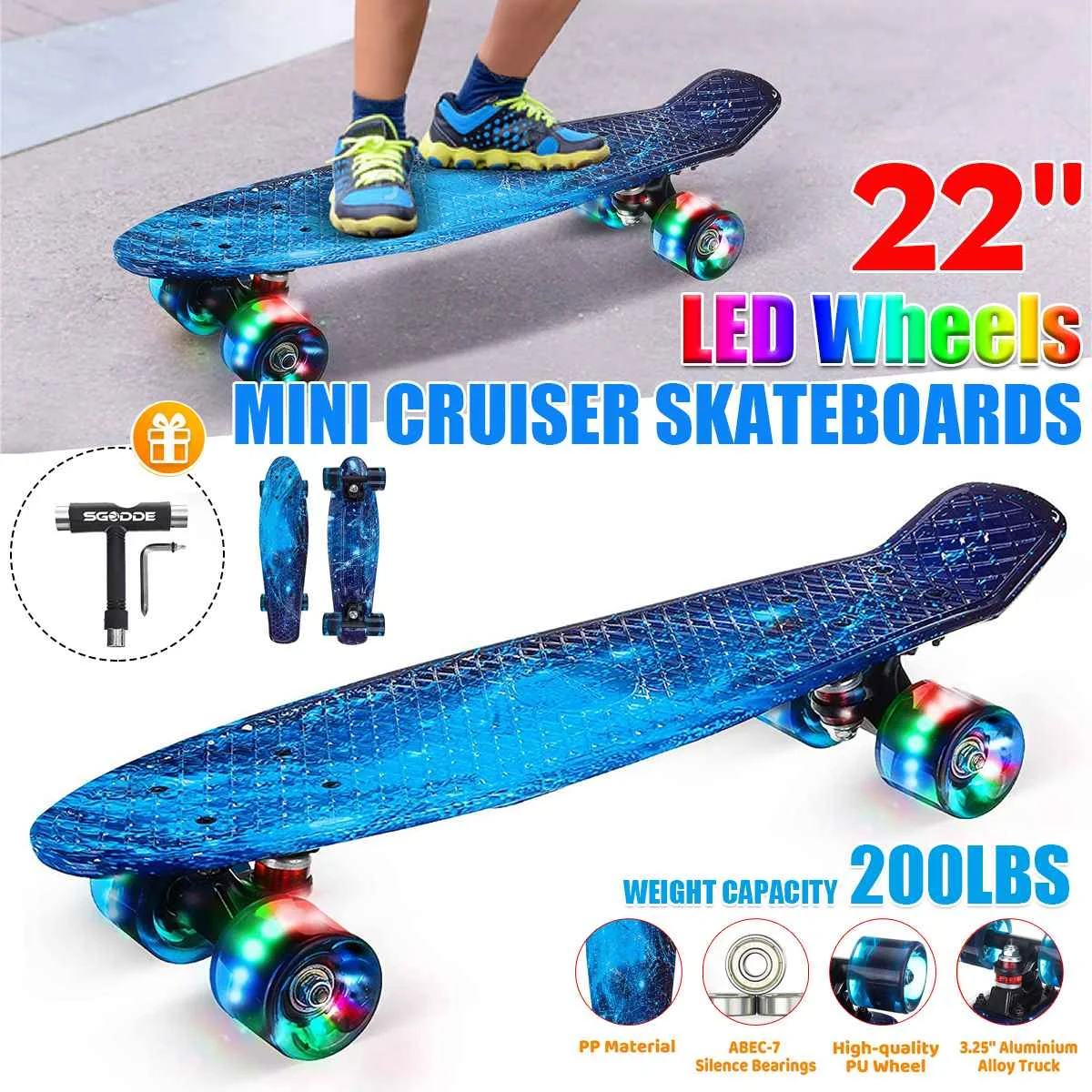 Skateboar Kinder Cruiser Board LED PU Funboard Holzboard Miniboard Longboard 22" 