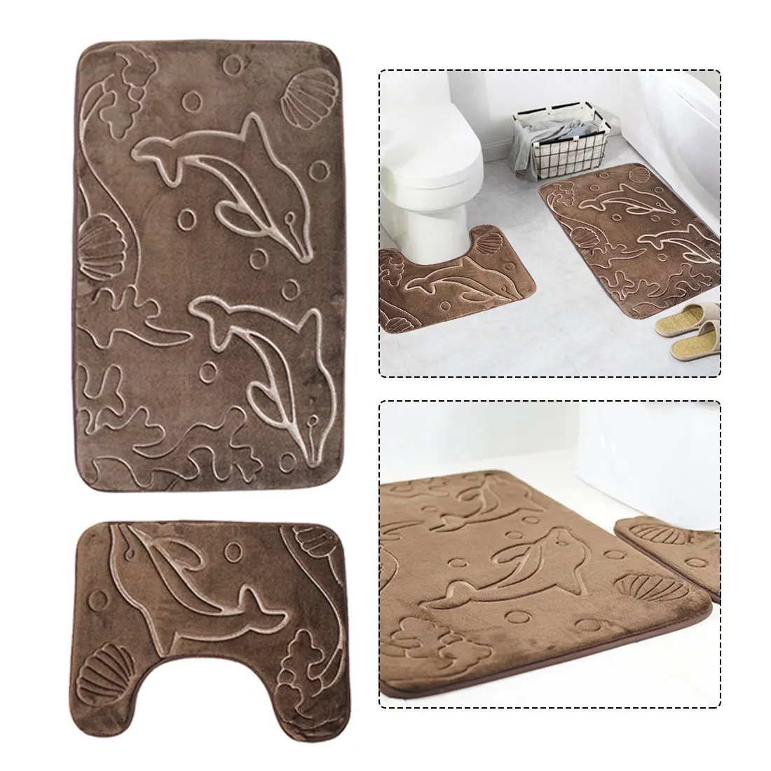 

Soft Brown Blue Bath Mats Set Bathroom Carpet U Shape Toilet Seat Cover Cushion Rug Toilet Mat and Cushion Cover Dolphin Pattern