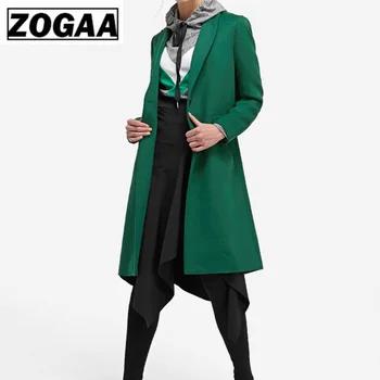

European winter women's dark green slim long sleeve style woollen long coat