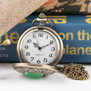 

Vintage Bronze Imitate Emerald Gem Green Cat Eye Pocket Watch Hollow Men Women Quartz Pocket Watch Necklace Pendant Gift