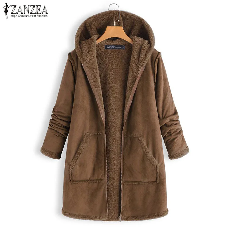 awesome  2019 Winter Solid Zipper Outerwear ZANZEA Hooded Fur Fluffy Warm Coats Autumn Women Casual Long Sle