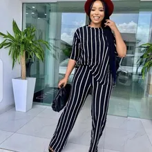

Striped Two Piece Set Summer Women's Short Sleeve T-Shirt Tops And Pants Matching Set Loose Wide Leg Pants Business Outfits 2022