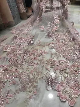 

newest style pink color embroidered net lace fabric with sequins JOY-31701 beaded african tulle lace for wedding dress fabric