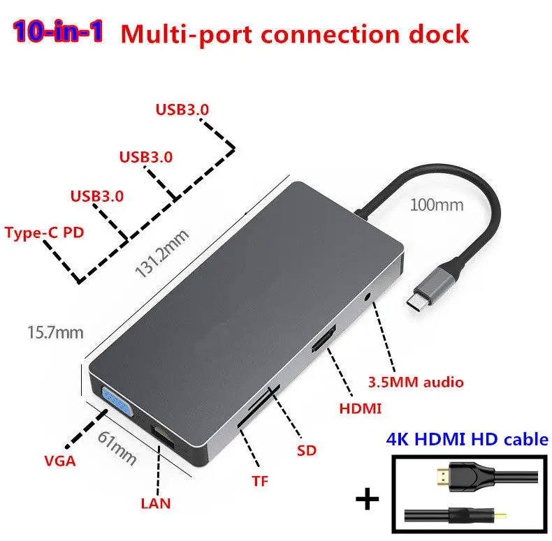 USB 3.0 SD TF card slot for MacBook Pro usb-C Type C PD hub HUB HDMI LAN VGA 3.5MM audio adapter Micro USB for computer splitter - Color: combination 3