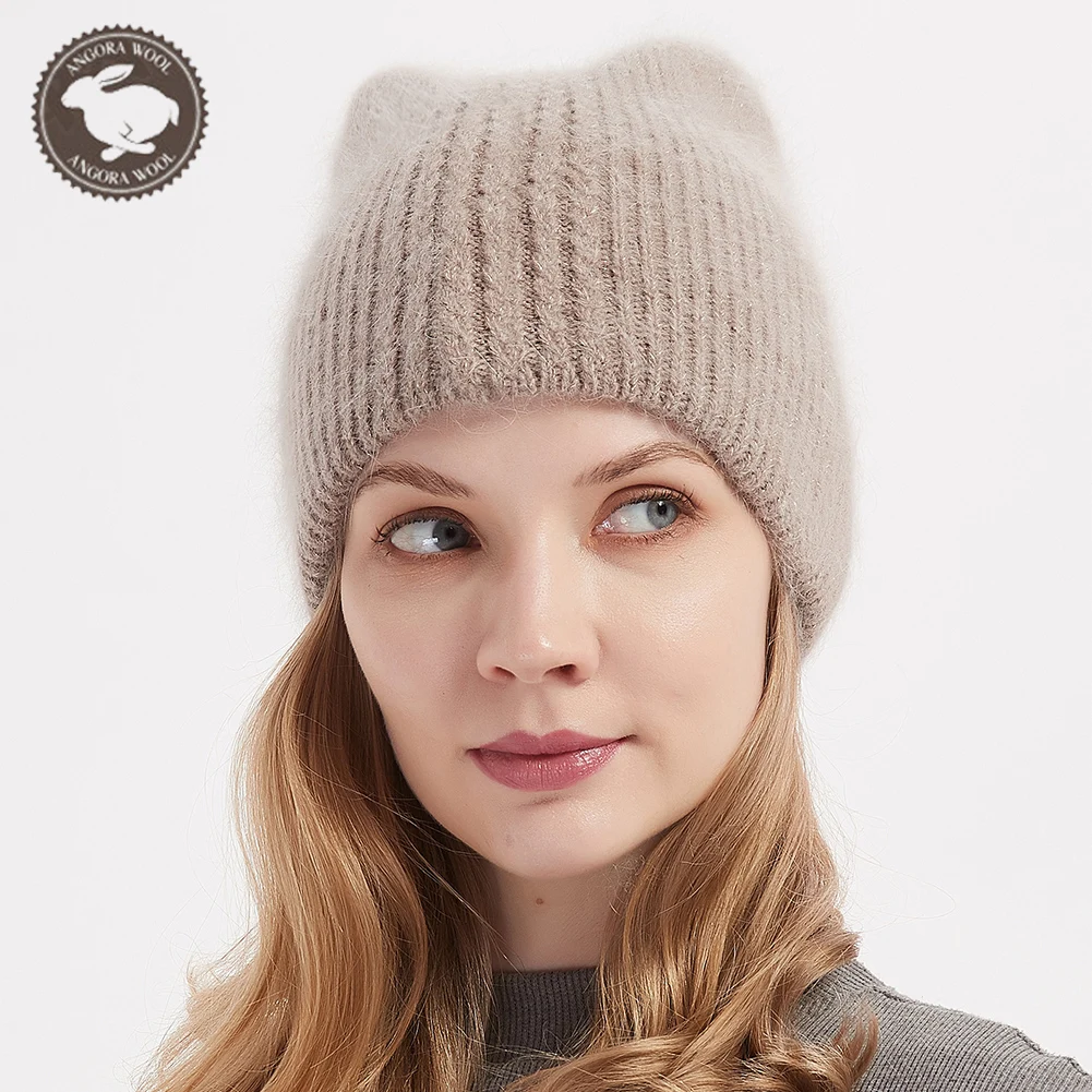 Angora Rabbit Fur Hat for Women Winter Warm Fur Knit Beanie Hats with Cat Ears for Girls 2
