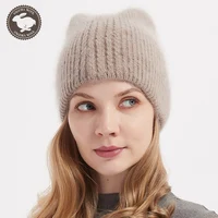 Angora Rabbit Fur Hat for Women Winter Warm Fur Knit Beanie Hats with Cat Ears for Girls 2