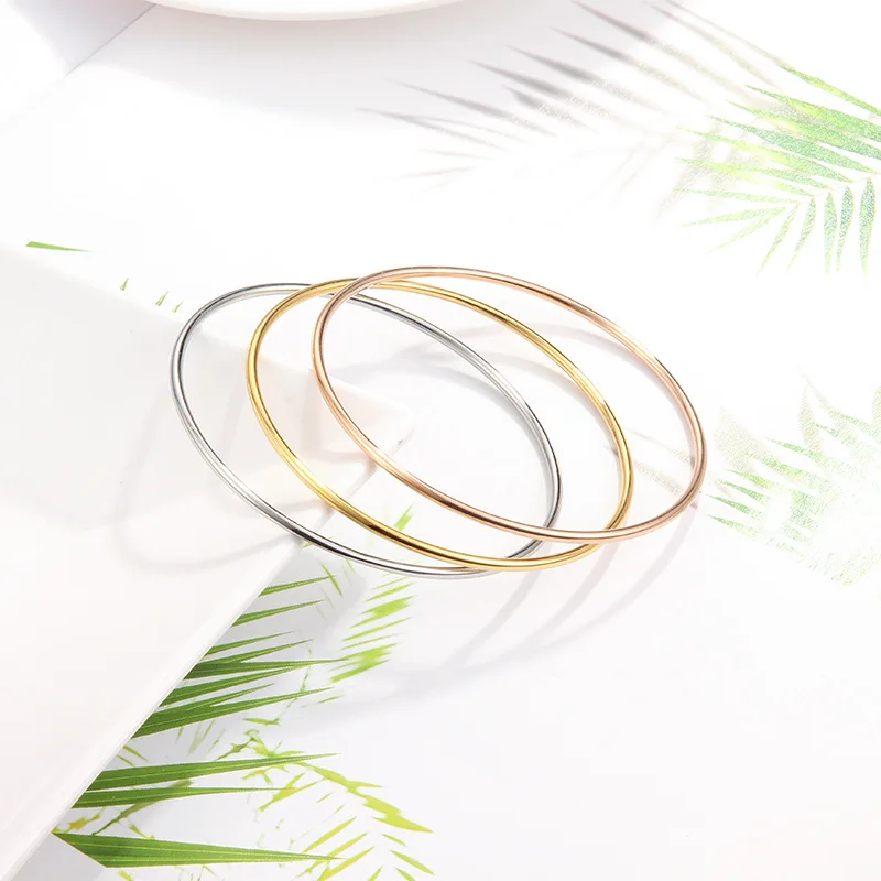 2mm Stainless Steel Single Thin Wire Circle Round Bangle Bracelet Women Simple Classic Jewelry Gold Silver Color 55cm 60cm 65cm 3