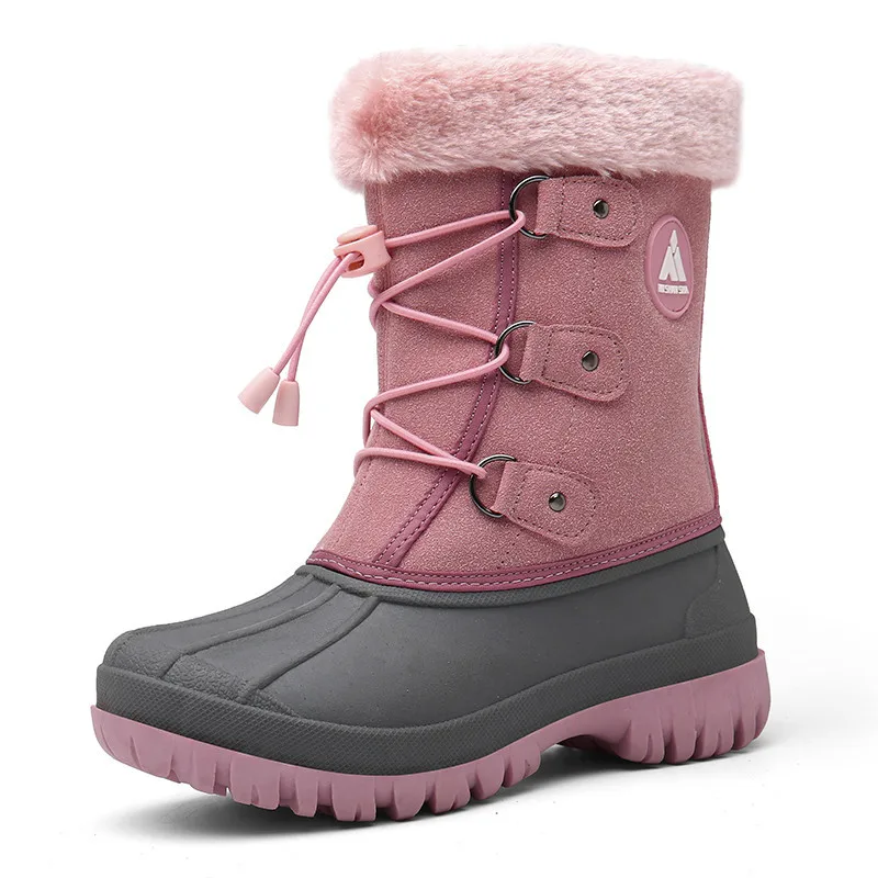 Зимние детские ботинки; ботинки для девочек; уличные ботинки на меху; детские ботинки; обувь на платформе для мальчиков; модные ботинки до середины икры; зимняя обувь для девочек - Цвет: Розовый