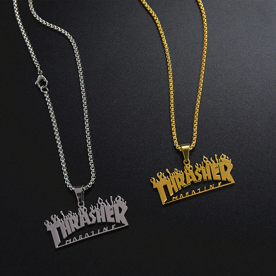 Thrasher Magazine пламя кулон ожерелье мужчины хип-хоп Рок титановая нержавеющая сталь Золотая цепочка ожерелье Модные мужские ювелирные изделия
