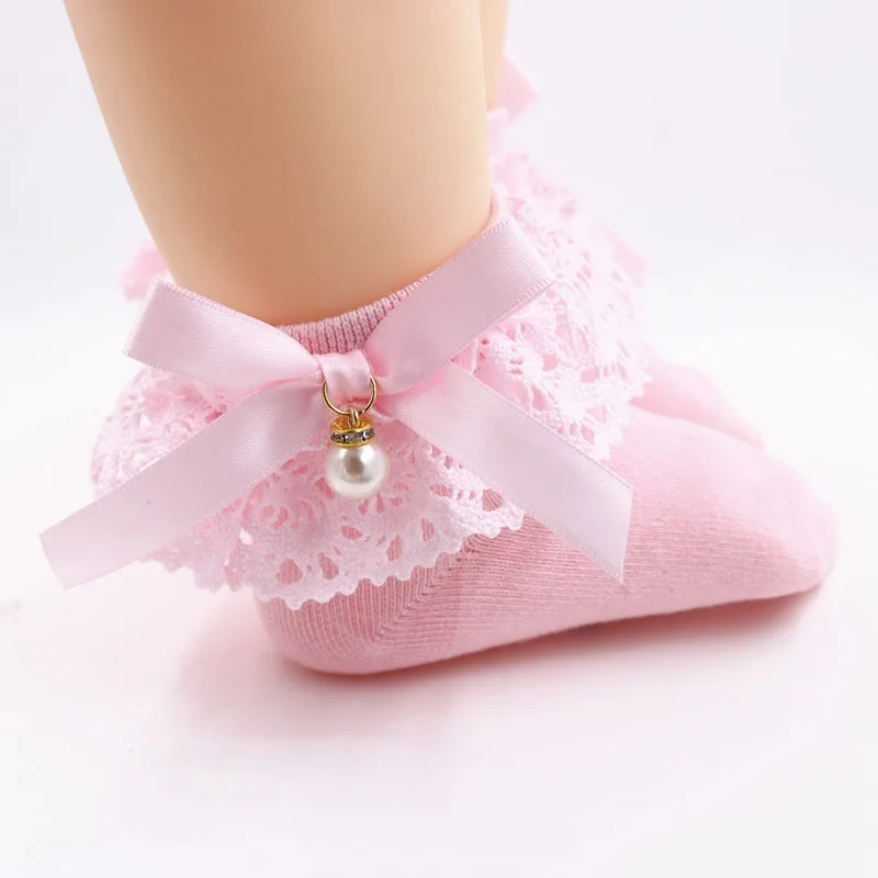 En oferta Calcetines con volante de encaje de princesa para niña, medias Retro con volantes y perlas, calcetines de lazo, calcetines cortos de algodón para niño JagBGKBB