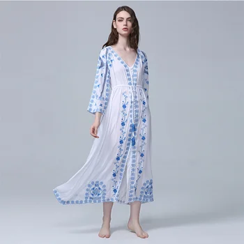 

New summer hollowed-out sexy dress Bohemian beach dress with Chinese style blue-and-white porcelain embroidered long dress