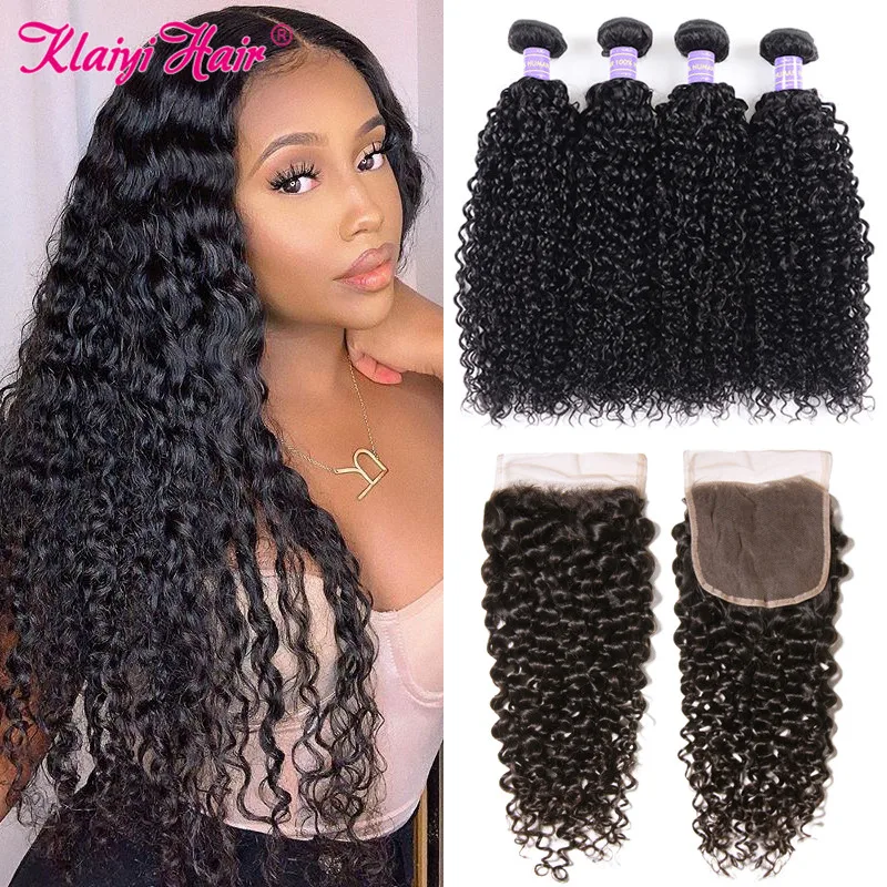 Klaiyi Curly Human Hair 3/4 Bundles With Closure Malaysian Remy Hair Weave With Lace Closure And Bundles Curly Hair Extensions