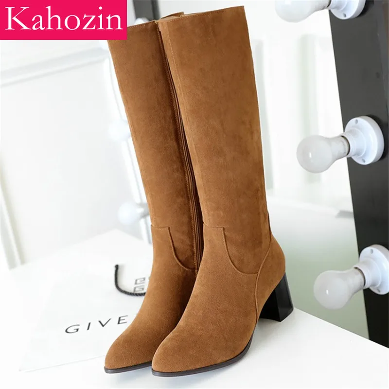

Kahozin winter woman shoes knee high boots square heel 6CM suede black pointed toe Zip fashion 2019 comfortable shoes woman