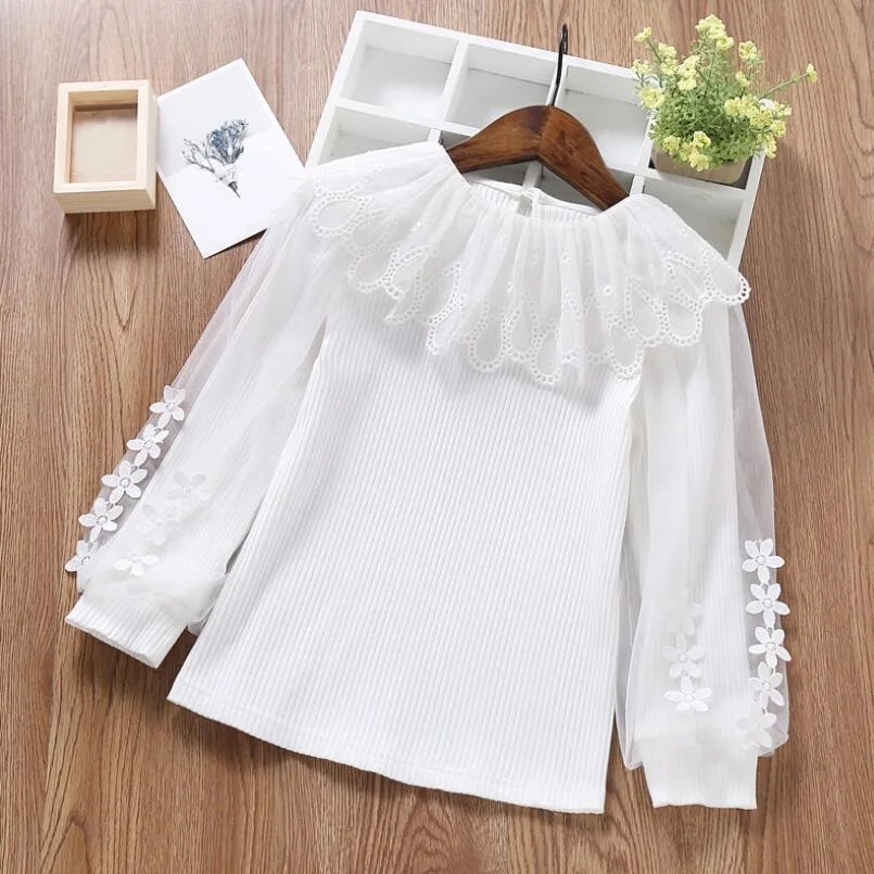 Kids Shirts Autumn Cotton Baby Toddler Teen Princess School Girls Blouse Lace Puff Long Sleeve