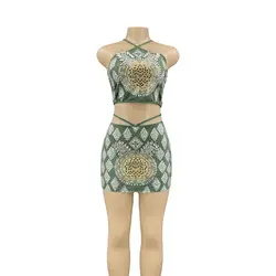 Green Women Dancer Top Skirt Flashing Rhinestone Pattern Outfit Dress Evening Birthday Celebrate Prom Costume