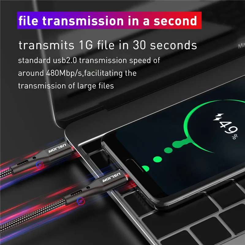USLION 60 Вт USB Type C к кабель для Samsung Galaxy S9 Plus поддержка PD QC3.0 3A быстрой зарядки