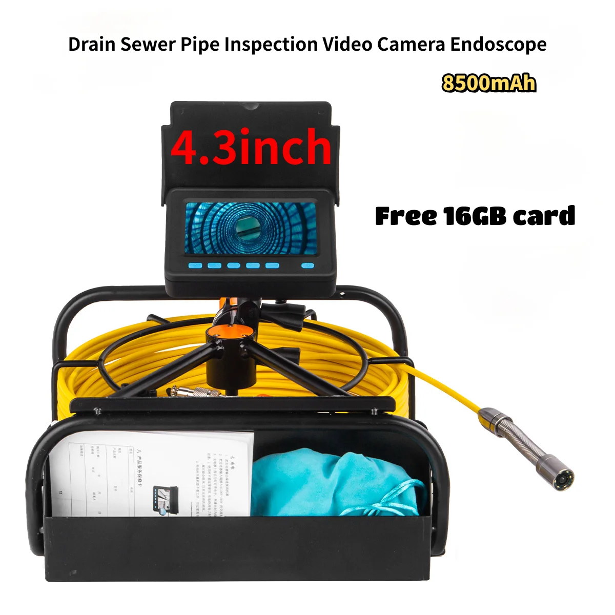 WP9604 Video Camera Endoscope Portable 8500mAh Capacity Standable 16GB TF Card DVR IP68 Industrial Drain Sewer Pipe Inspection