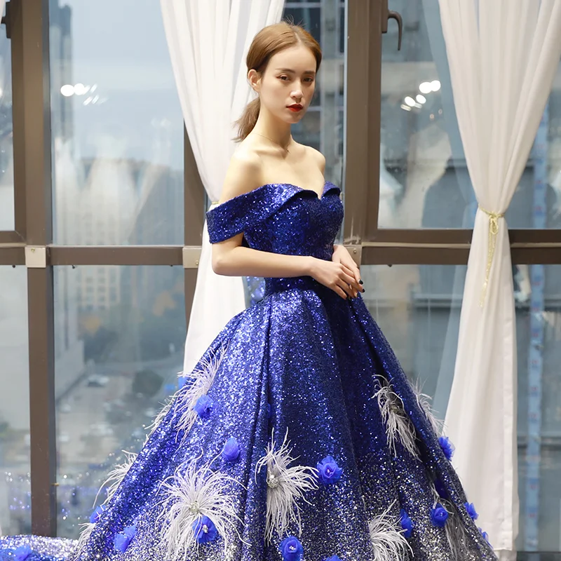 J66748 женское синее платье Quinceanera 2020 милое с открытыми плечами и коротким рукавом