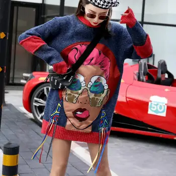 

European and American style 2019 autumn winter news warm long-sleeved knitwear cartoon sweater pullover color women's sweater