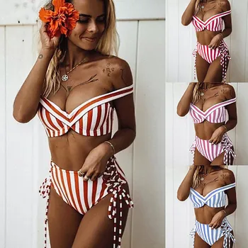 

Women's Bikini Stripe Bandage Set Off Shoulder Swimsuit Hollow Out Two Piece Filled Bra Swimwear Beachwear Biquini Brazilian