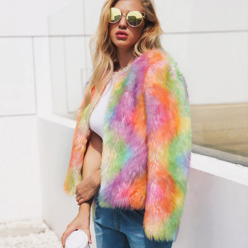 

Vogue Nice Autumn Winter Colorful Faux Fur Short Coat Women Open Stitch Long Sleeve Bright Colors Outerwear Lady Size Coats
