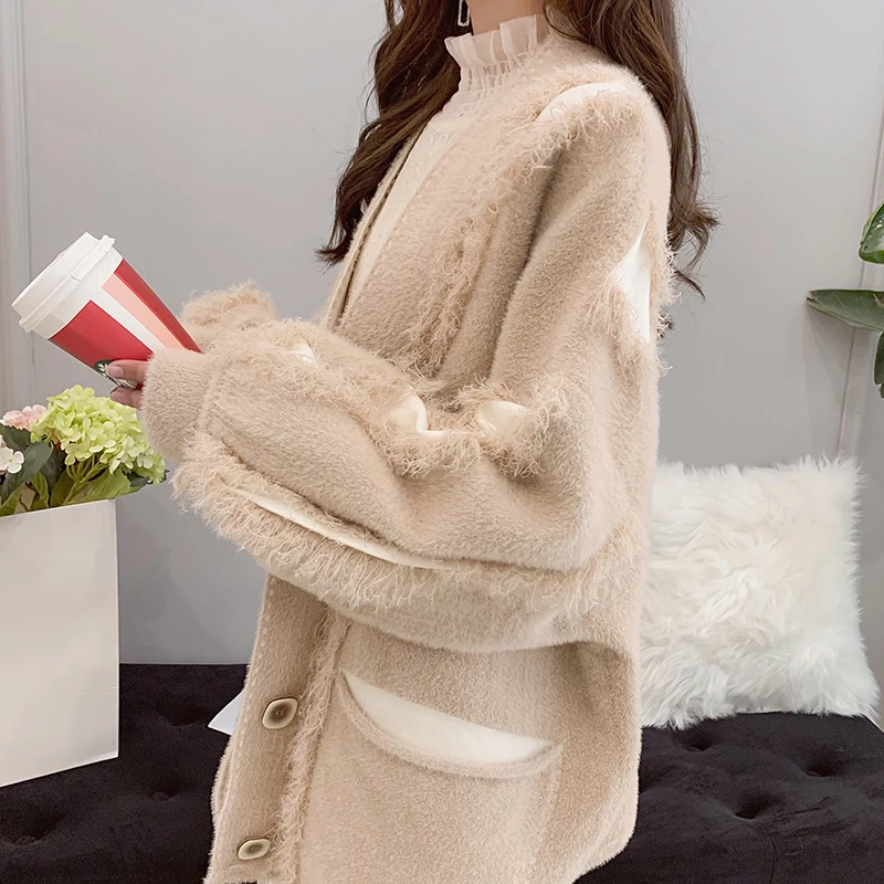 buy  [EAM] Loose Fit Loose Big Size Knitting Jacket New Lapel Long Lantern Sleeve Women Coat Fashion Tid