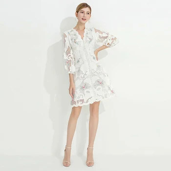 

High Quality Spring New Women'S Party Sexy Casual Vintage Elegant Chic Embroidery Stitching Cotton And Linen Fashion White Dress
