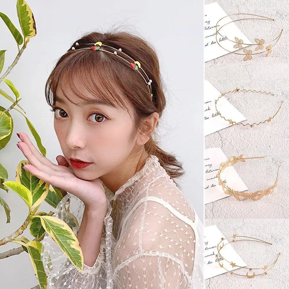 New Gold Alloy Crystal Headband Moon Star Inlaid Headhoop Hairband Woman Double Butterfly Accessories Hair D8N4 |