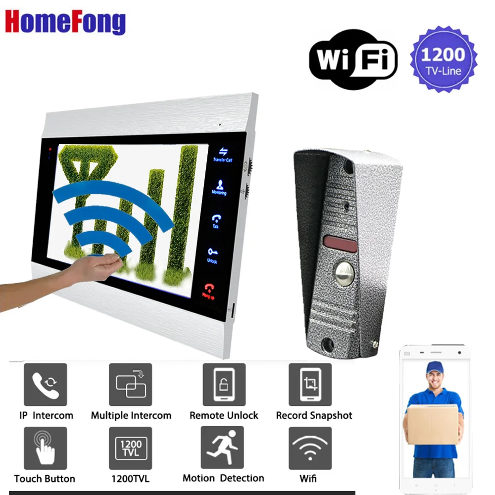 【1200TVL】Homefong 7 дюймов Смарт IP видеодомофон Wi-Fi дверной звонок для Камера Запись SD карты обнаружения движения IP65