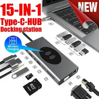 15 in 1 USB Type C HUB With HDMI RJ45 Wireless Charge SD Card Reader USB-C Hub Type-C Plitter For Macbook Pro Laptop Accessories usb c hub with sd micro sd card reader for macbook 12 inch