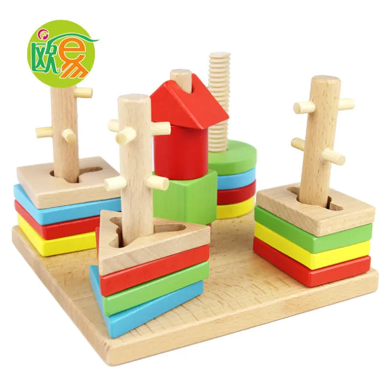 Деревянный Цветной пятиколонный строительный блок, Набор детских геометрических совпадений, Когнитивная головоломка для раннего образования, сделай сам, каскадная продвинутая игра - Цвет: ohye-00018a0.9
