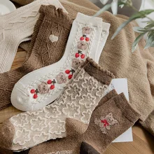 

Autumn and Winter Warm In Tube Printing Socks Female Ethnic Retro Wool Cute Bear Cartoon Thickening Fashion Plaid New Kawaii