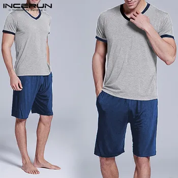 

Men Pajamas Sets Homewear Short Sleeve V Neck Comfortable Nightgown Shorts 2 Pieces 2020 Soft Mens Sleepwear Sets INCERUN S-5XL