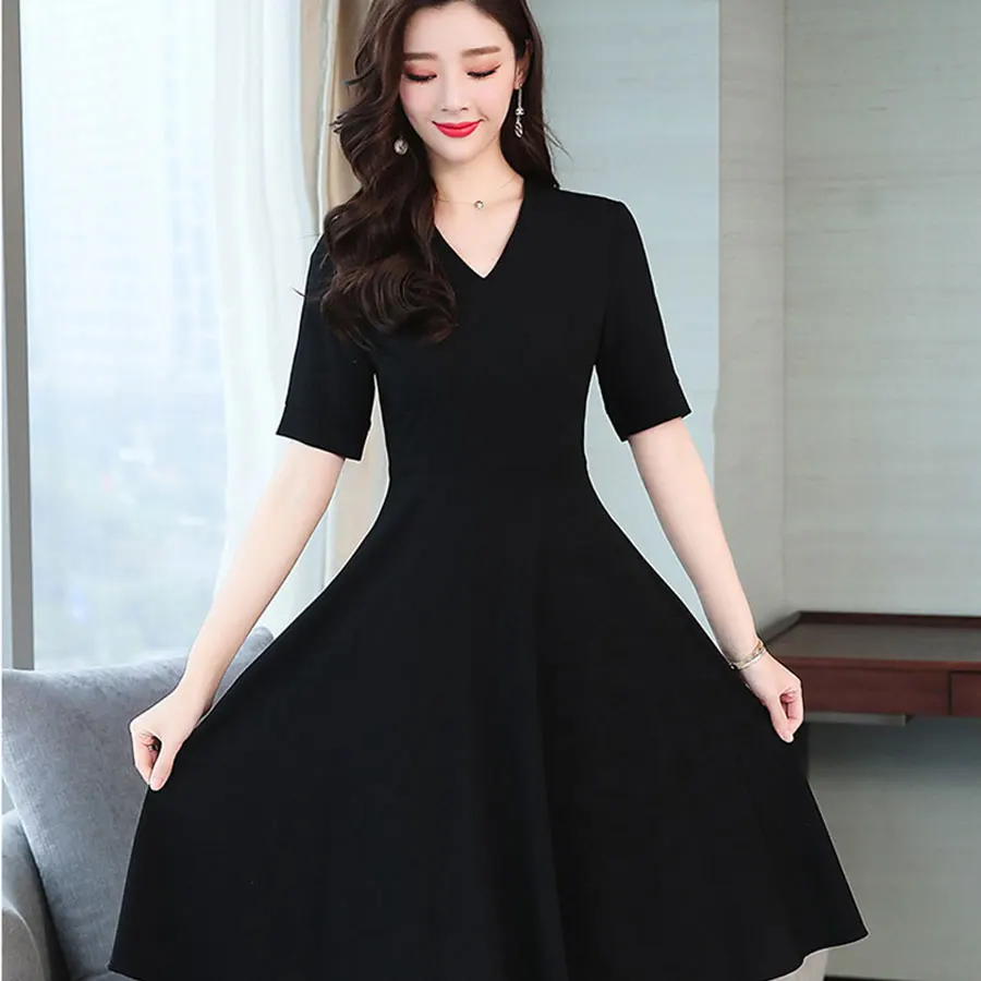 Black Dress Корейский офисный женский миди сексуальный сарафан Летний Винтажный 3XL плюс размер черное однотонное платье элегантное женское платье с коротким рукавом Vestido - Цвет: Black Dress