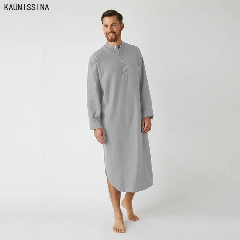 Men Long Nightshirts Sleepwear Stand Collar Long Sleeve Solid Loose