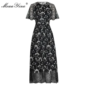 

MoaaYina Fashion Runway dress Summer Women's Dress Flare Sleeve Lace Flowers Embroidery Black Slim Elegant Dresses