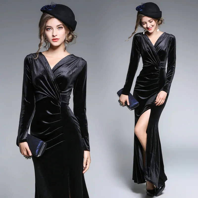 

New Autumn and Winter Women's Dresses, Elegant Grasp-Fold, Fork-and-Drag Dresses, Velvet Dresses, Fashion Slimming Ball Dresses