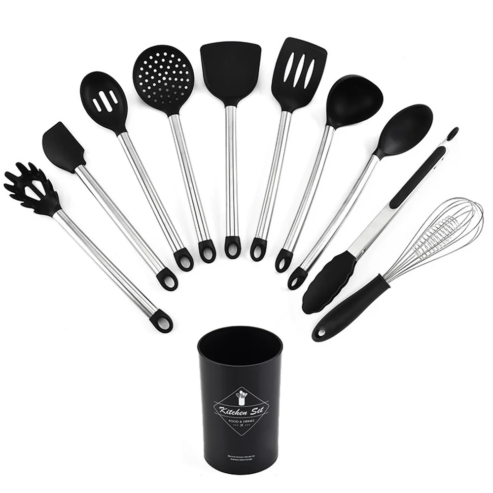 

New Cooking Tools 10-pcs Set Kitchenware Stainless Steel Handle Premium Silicone Non-stick Pan Heat Resistant Kitchen Utensils