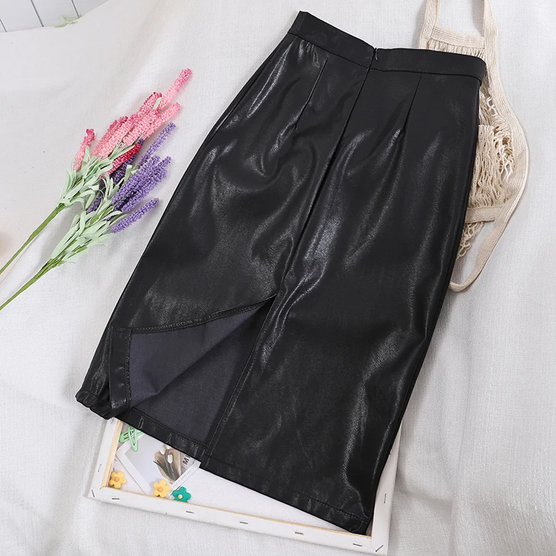 PU Temperament Skirt Female Autumn Winter Korean Solid Women PU Skirt Casual High Waist Knee-length Zipper Pencil Skirt