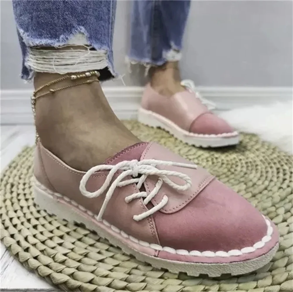Vintage Loafers Women 2021 Spring New Round Toe Lace Up Patchwork Ladies Casual Flats 3543 Big Size Comfortable Single Shoes