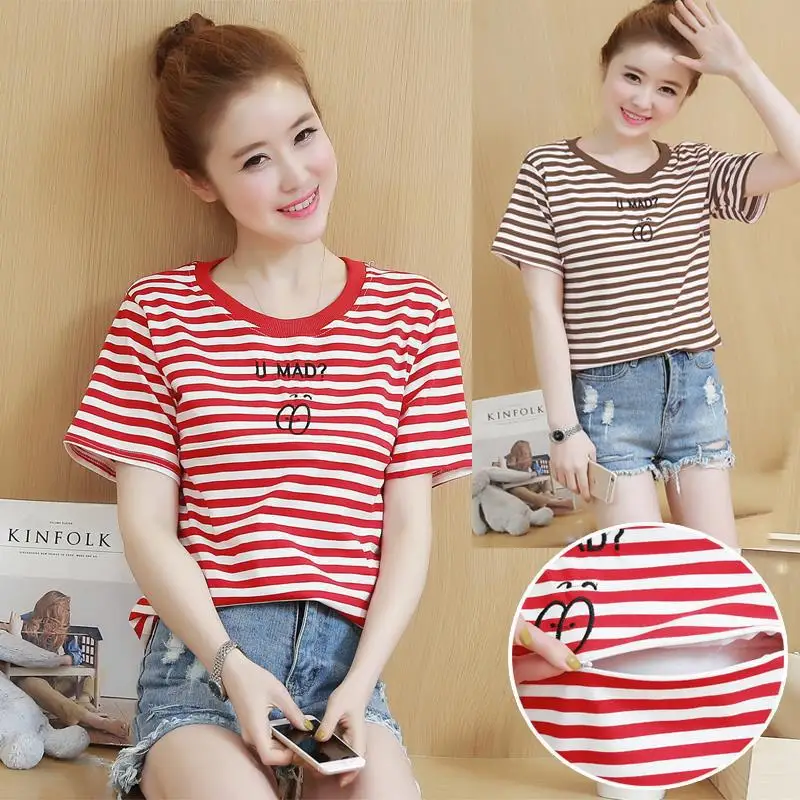 

2017 Summer New Style Short Sleeve Lactation Garment Nursing Stripes Embroidered Nursing Clothes Tops