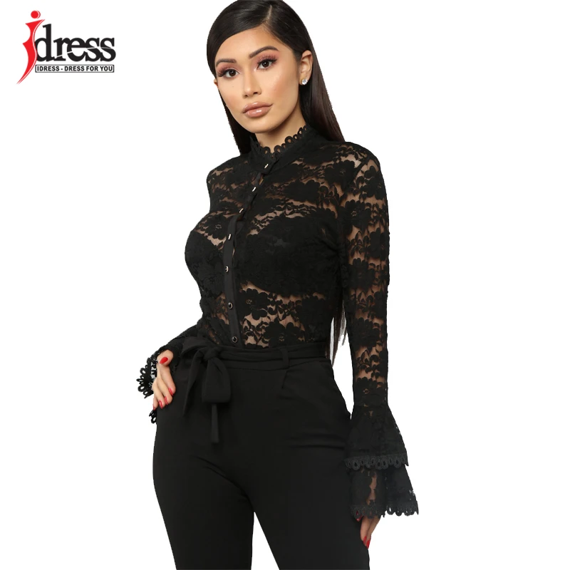 Черный Сексуальное Кружевное боди с оборками IDress, женские Топы с длинным рукавом белого и черного цвета, женские осенние костюмы с цветочным кружевом, топы для подвижных игр - Цвет: Черный